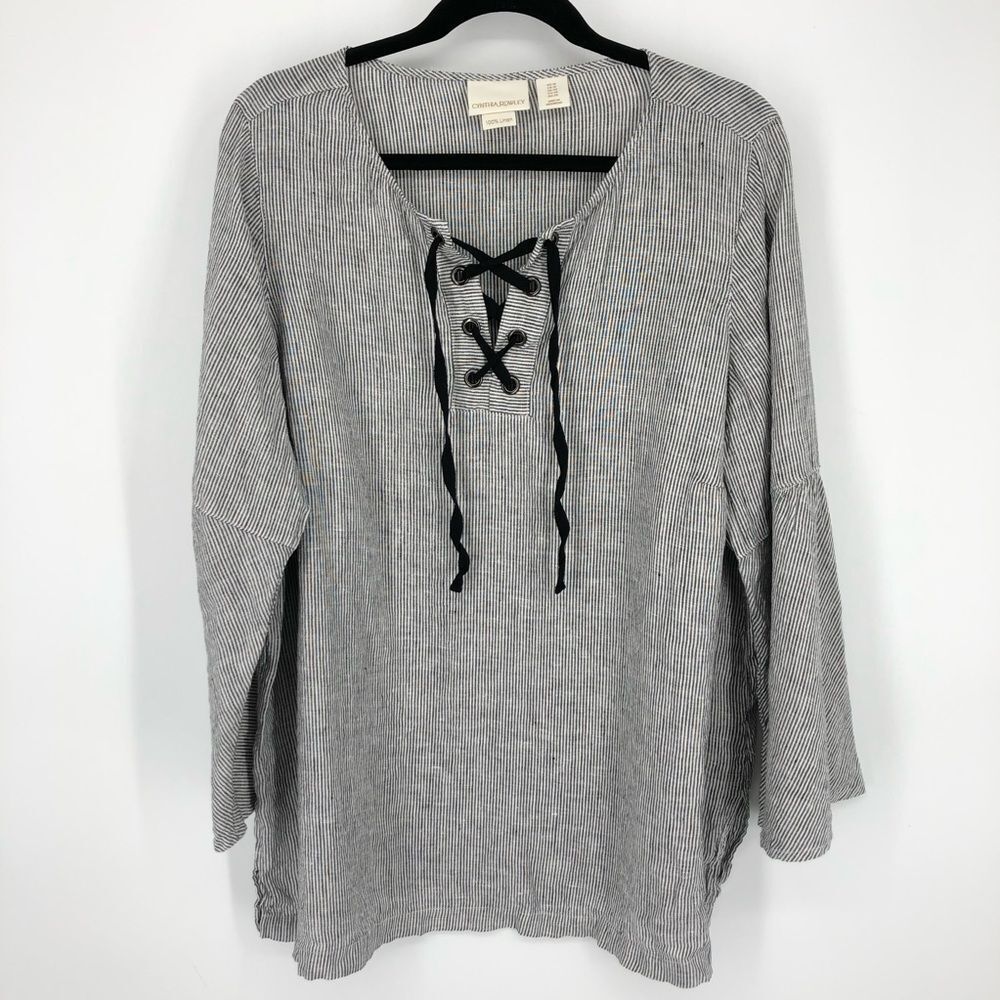 Cynthia Rowley 100% Linen Blouse Womens 1X Black Pinstripe‎ Lace Up Flare Sleeve
